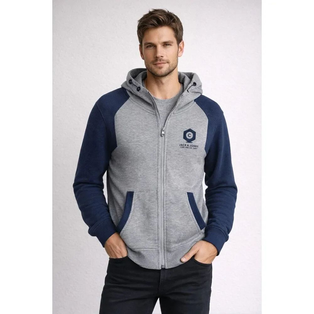Jack & Jones Core Hoodie Zip Up Gray Navy Size S Colorblock Hooded Sweatshirt